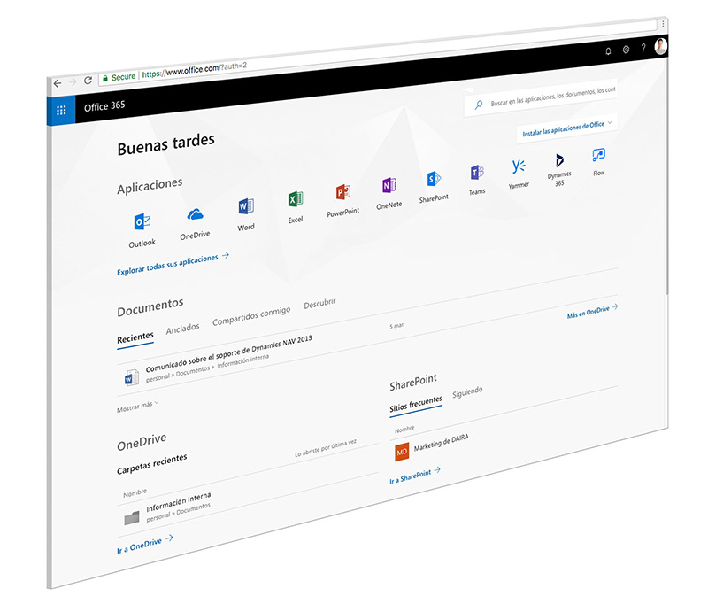 Interfaz de Microsoft Office 365